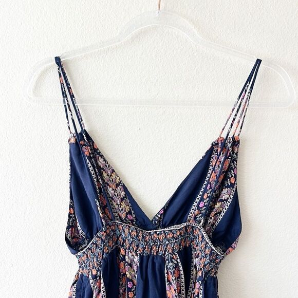 Blush Navy Bohemian Border Floral Print Smocked Casual Cami Tank Top - Picture 10 of 14